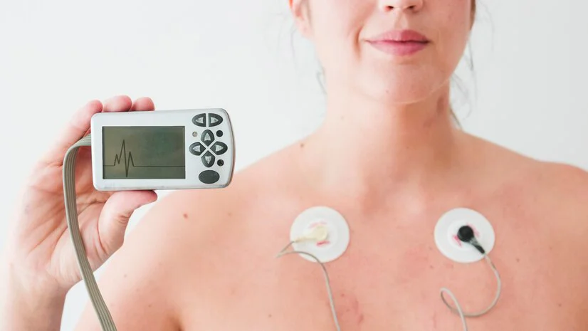 Woman with electrodes holding holter monitor with cardiogram