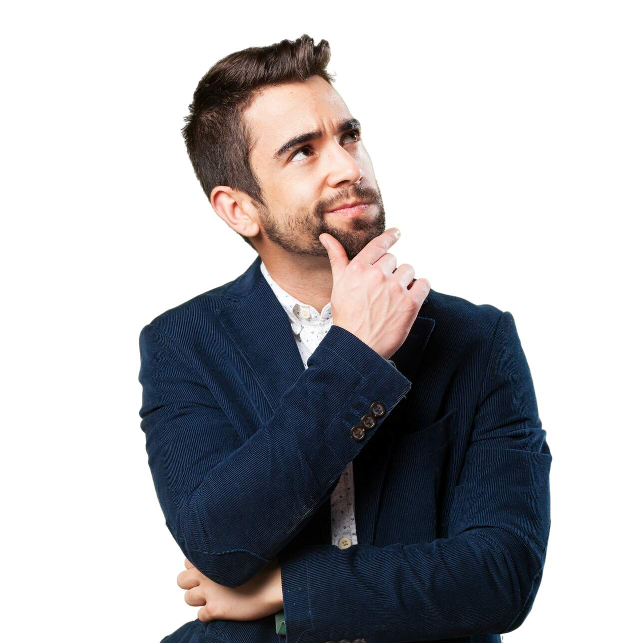 A man in a blue blazer thinking with his hand on his chin